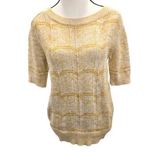 Lucky Brand Women's M Yellow White Marled Knit Short Sleeve Sweater Boat Neck